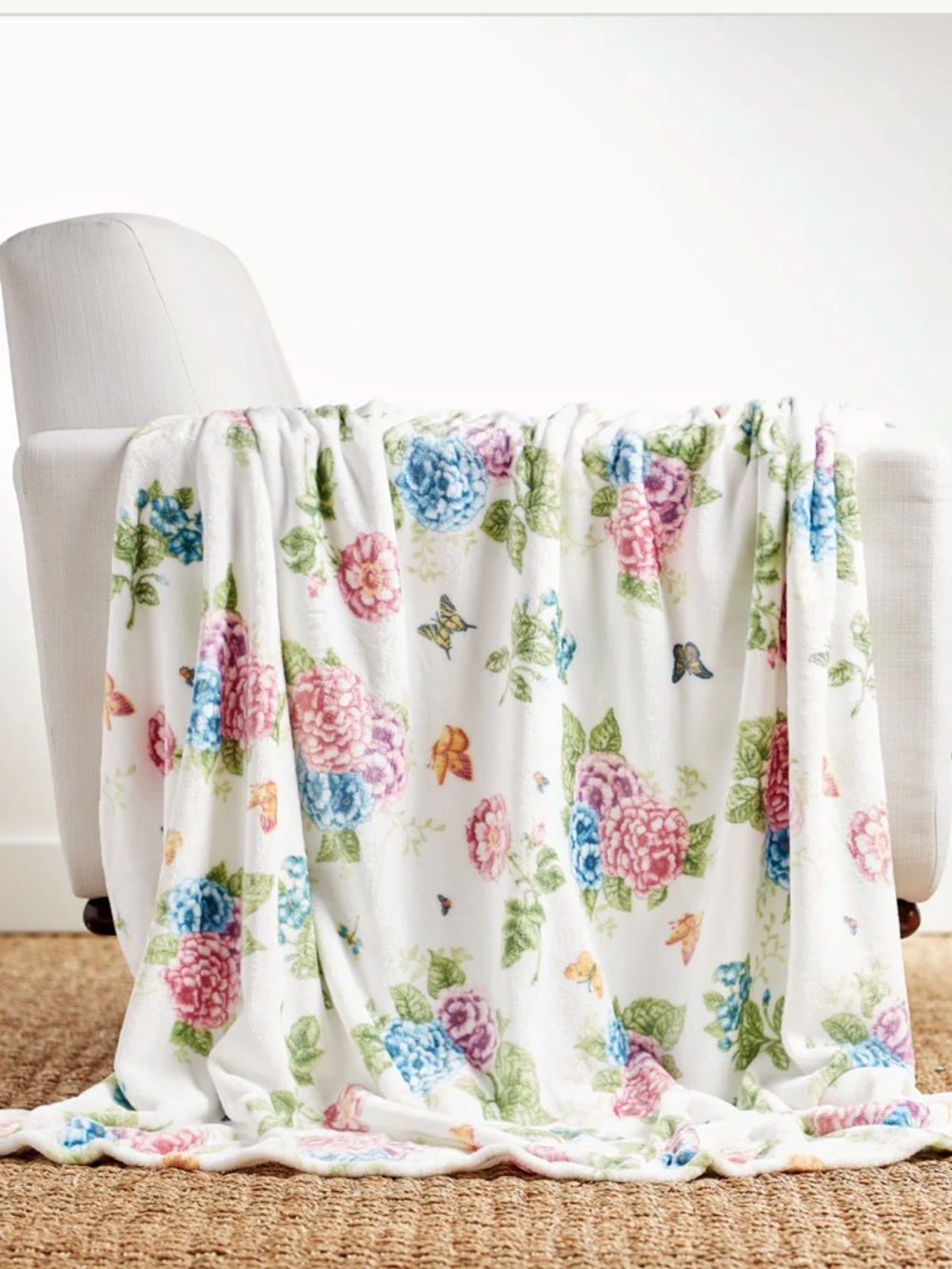 Lenox Spring Floral Plush Throw Blanket Butterfly Meadow Hydrangea